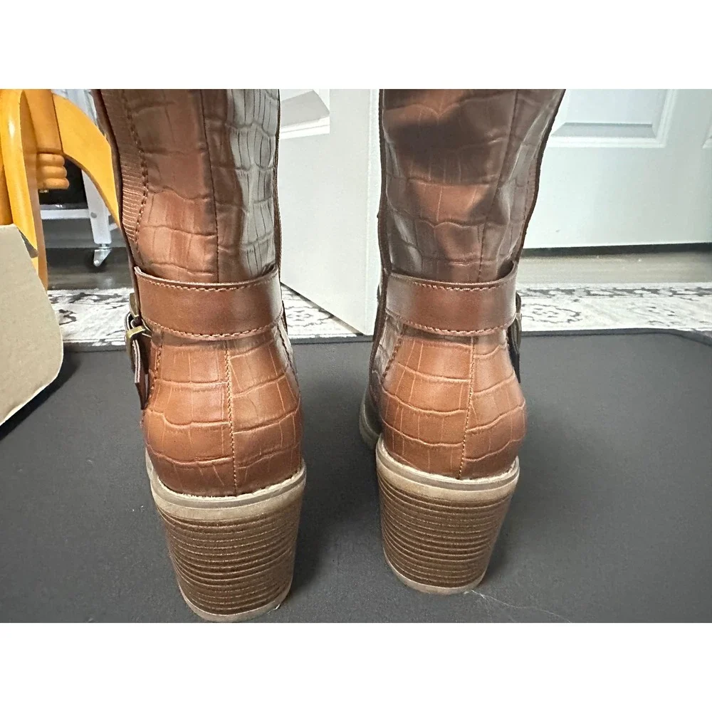 Brown Faux Leather Knee High‎ Boots Women's Buckle Detail Crocodile Embossed